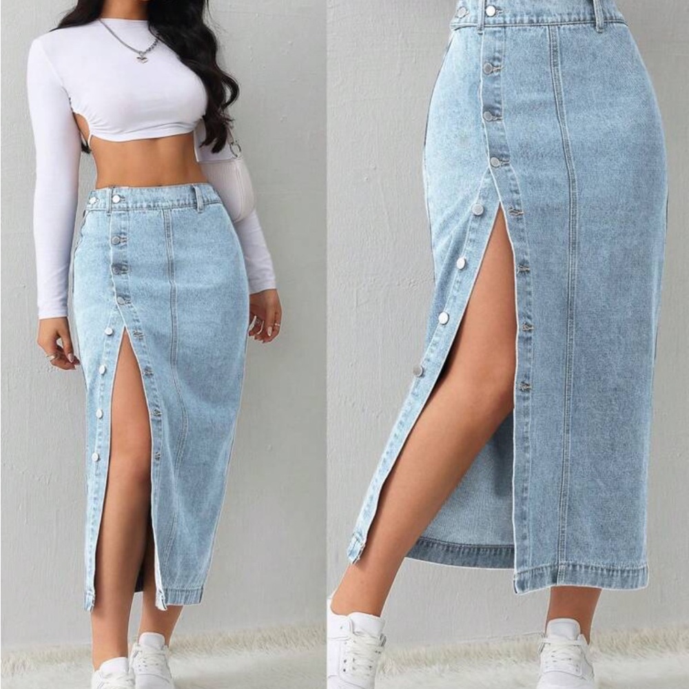 Denim Button-Front Maxi Skirt